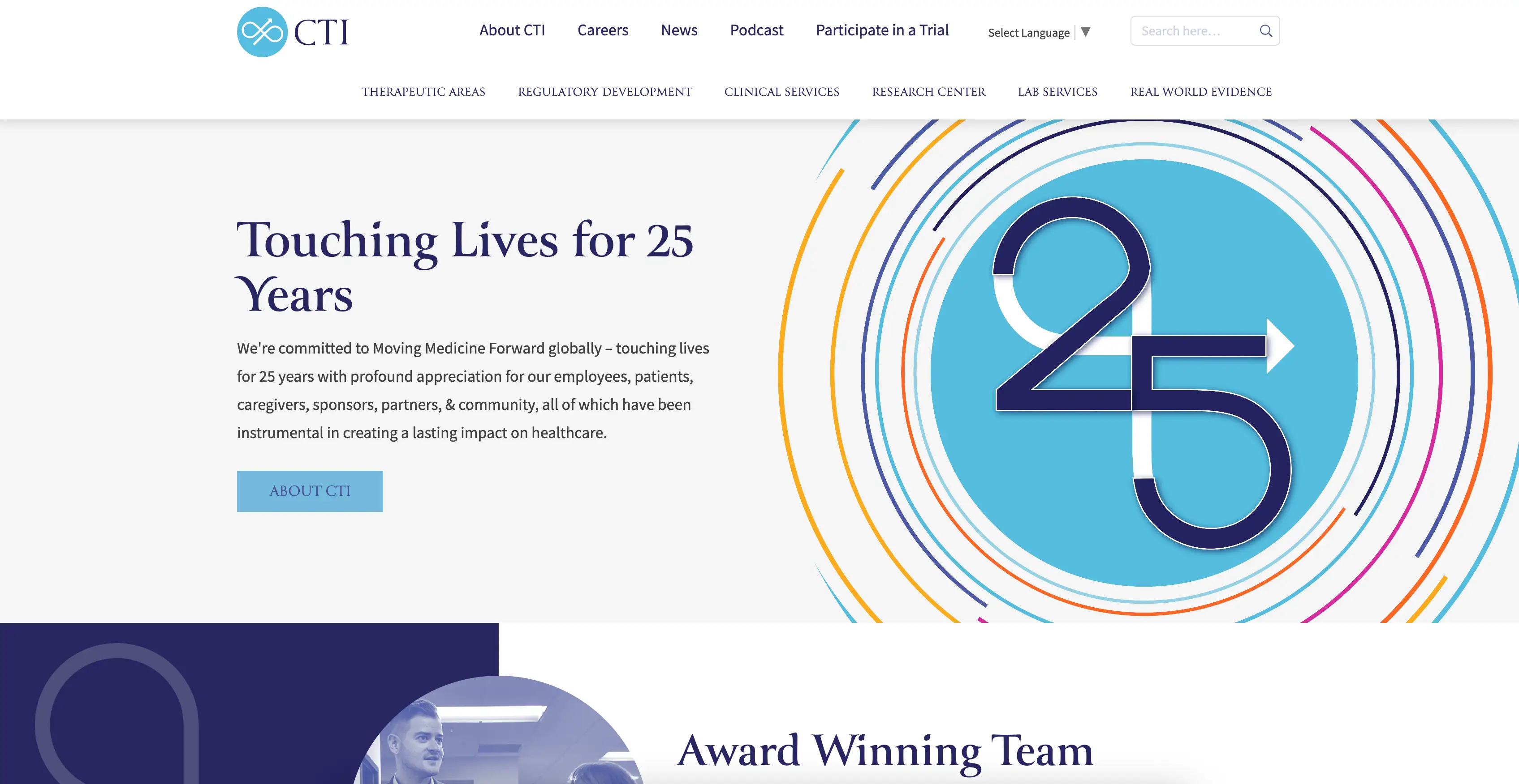 Screenshot of the CTI clinical research website homepage