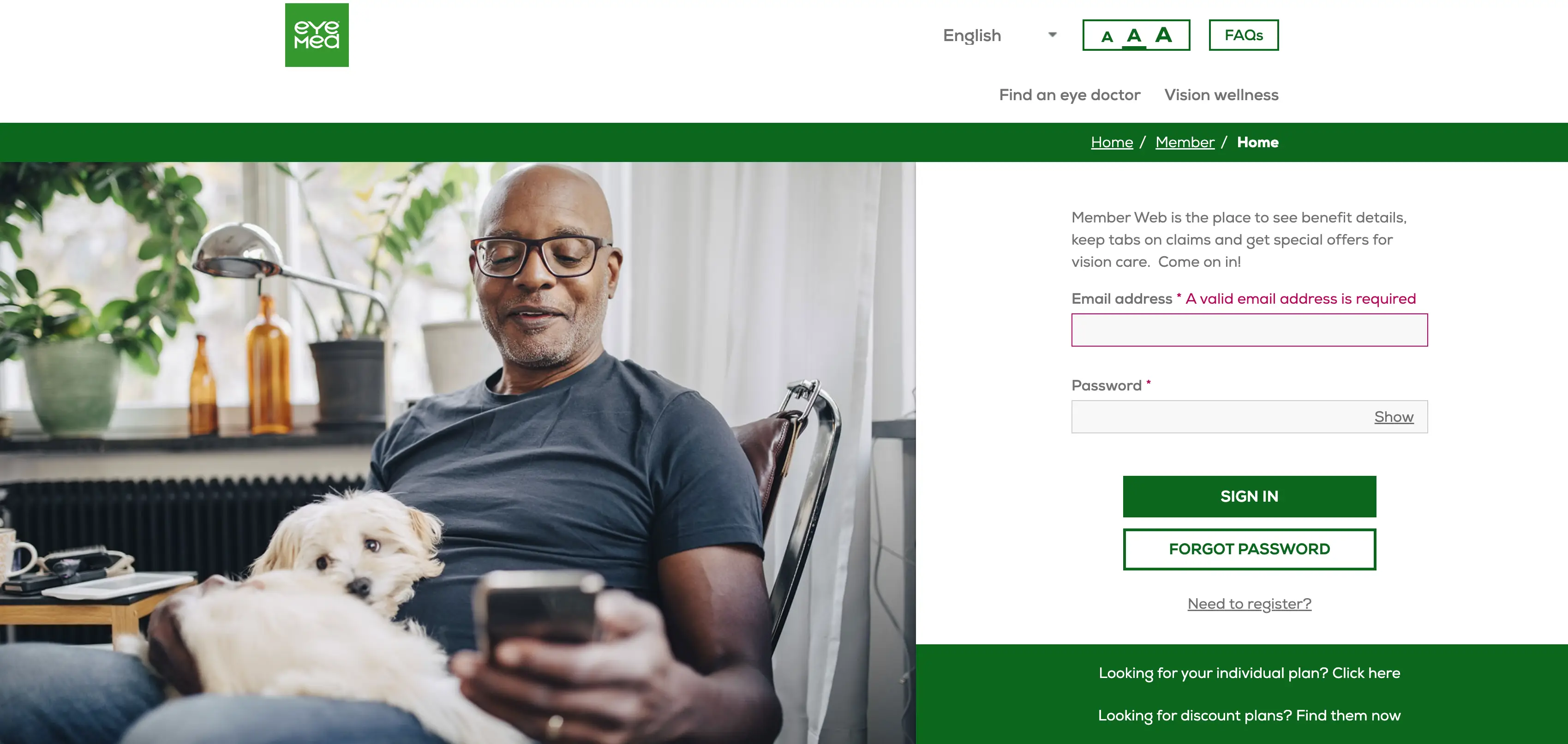 Screenshot of the EyeMed customer portal interface